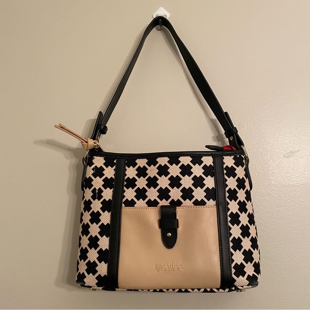 Spartina 449 Handbag Top Zipper Linen Leather Black/Beige